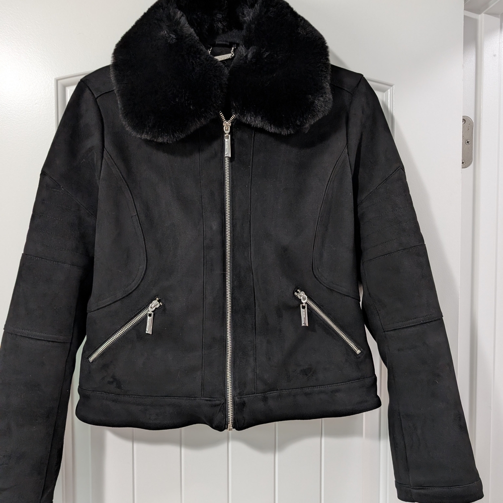 Black Bomber Jacket with Faux Fur Collar